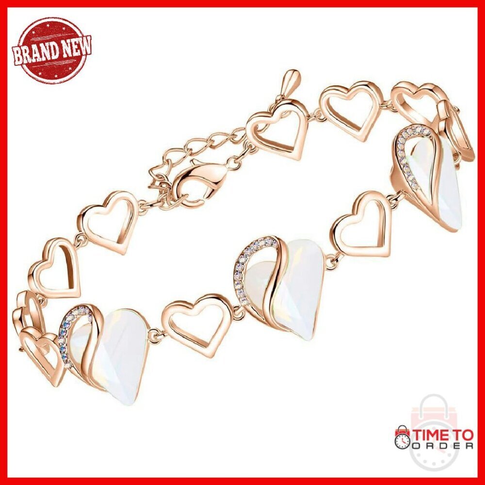 Rose Gold Plated Heart Link Bracelet with Healing Crystal, 7" + 2" Extender